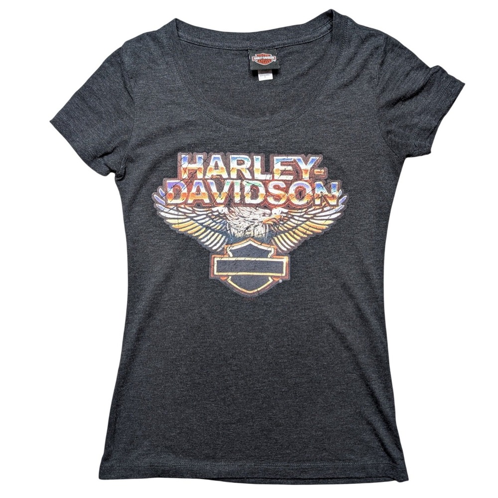 Harley Davidson Women's Medium Grey Black Graphic Eagle Short Sleeve Tee Shirt